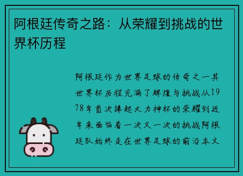 阿根廷传奇之路：从荣耀到挑战的世界杯历程